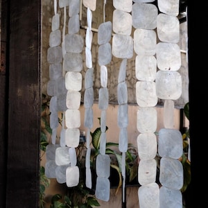 Puede incluir: Una cortina de conchas blancas hecha de muchas conchas cuadradas que cuelgan de un marco de madera. La cortina está frente a una pared con plantas en macetas.