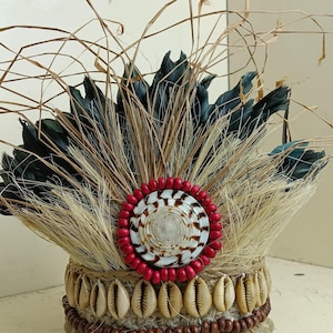 Copricapo nativo del Borneo Papua, conchiglie, piume, spago, arte tribale del copricapo