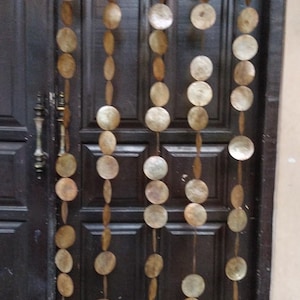 May include: A decorative door curtain made of natural, round, and oval-shaped shell pieces strung together. The shells are in shades of beige and brown, hanging in vertical strands against a dark brown door.