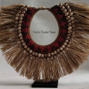 Papua New Guinea Tribal Necklace: Shell, Seagrass Fringe, Goddess Decor