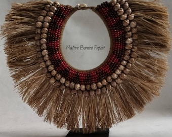 Papua New Guinea Tribal Necklace: Shell, Seagrass Fringe, Goddess Decor