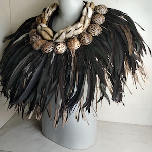 Tribal Feathered Necklace: New Guinea Art, Raffia & Shell
