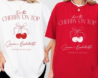 Cherry On Top Bridal Bachelorette Party T-shirt,  Bride-to-Be Cherry and Bow Line Art Top for Bride and Bridesmaids, Trendy Wedding Shirts