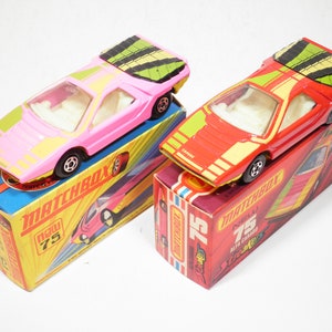 Matchbox Superfast No 75 Alfa Carabo, Red & Pink Variants, Like New in Original Boxes, Lesney, Vintage, Made in England