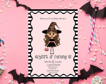 Halloween Girls Birthday Invite Costume Party Kids Editable 5x7 Invitation