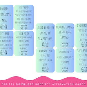 Puede incluir: Un conjunto de 8 tarjetas de afirmación azules y verdes con un símbolo de triángulo negro y texto. Las tarjetas presentan afirmaciones de sobriedad como "Tengo el poder de decir que no a la tentación." y "La adicción da miedo. La sobriedad es libertad."