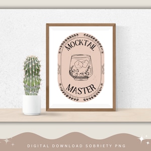 May include: A printable digital download of a graphic with a glass of ice water and the text "Mocktail Master" in a black oval frame with a floral design.