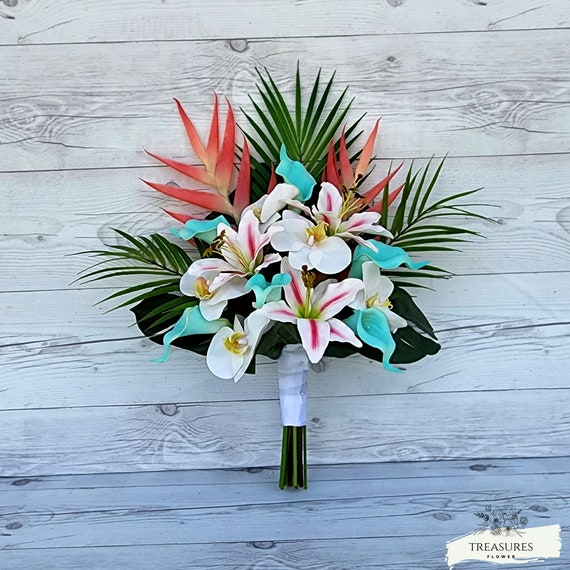 Orchid Bouquet, Tropical Bouquet, Beach Wedding Bouquet, Destination Wedding, Artificial Flower, Coral Heliconia Bouquet, Blue Calla.