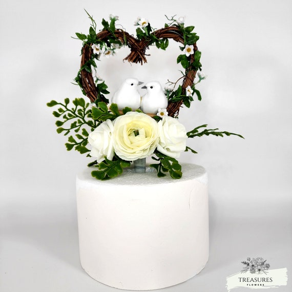 White Wedding, Roses Cake Topper, Rustic wedding, Bird cake topper, Cake decor, Heart cake topper, Cake faux Flowers, Wedding flower.