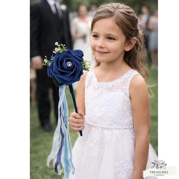 Flower girl wand, bridesmaid wand, Blue Rose wand, Wedding Flower, flower girl gift, Artificial Flower, Wand, Flower Wand, Wedding Wand.