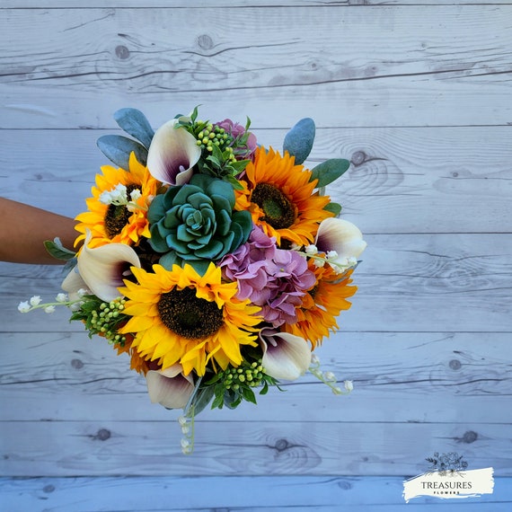 Sunflower Bouquet, Yellow Purple Bouquet, Wildflower Bouquet, Artificial Flower, Garden Bouquet, Rustic Wedding Bouquet, Succulent Bouquet.