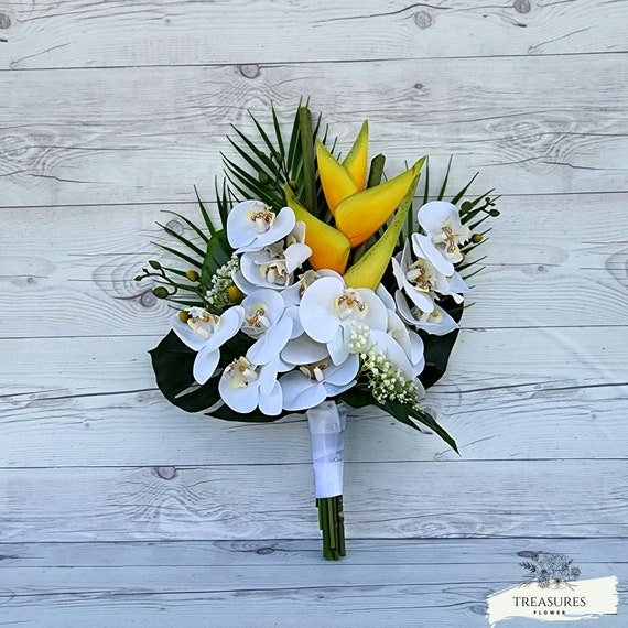 Orchid Bouquet, Tropical Bouquet, Beach Wedding Bouquet, Destination Wedding, Artificial Flower Bouquet, Yellow Hawaiian Heliconia Bouquet.