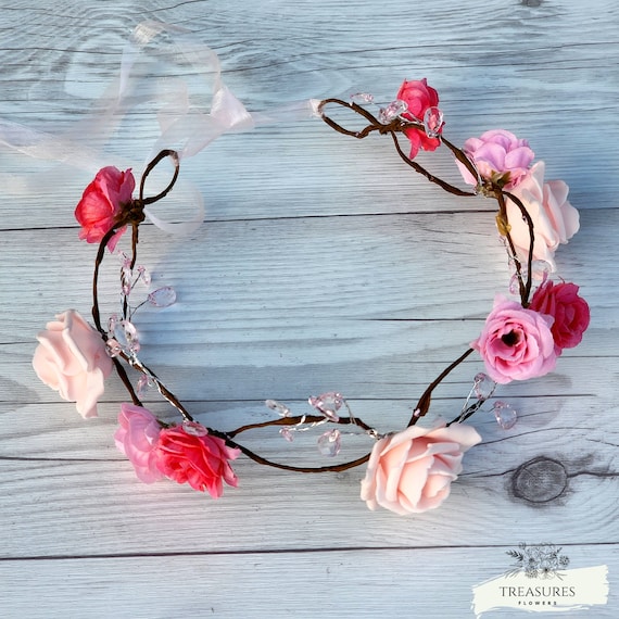 Wedding Crown, Pink Roses Crown, Bridal Flower Headpiece, Flower Crown for Bride,  Flower Girl Crown, Pink Flower Crown, Pink Roses Headband