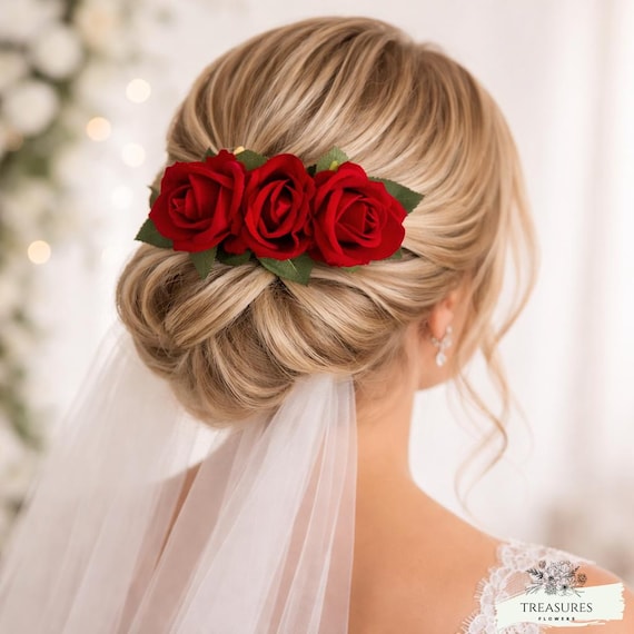 Red Rose Headpiece, Hair Accessory, Wedding Hair Flowers, Hair Accessory, Bridal Hair Flowers, Boho Floral Hair Piece, Floral Hair Clip