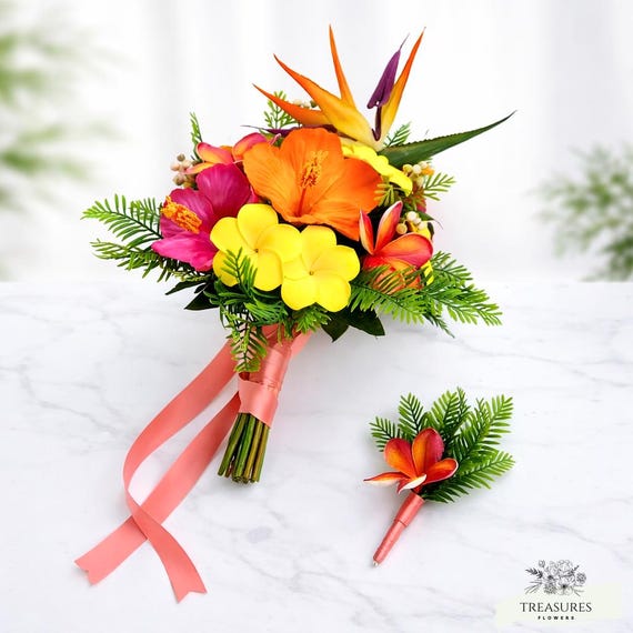 Tropical Bridal Bouquet Set with Boutonniere- Hibiscus, Plumeria & Bird of Paradise Wedding Flowers, Coral Ribbon, Beach Wedding Accessories