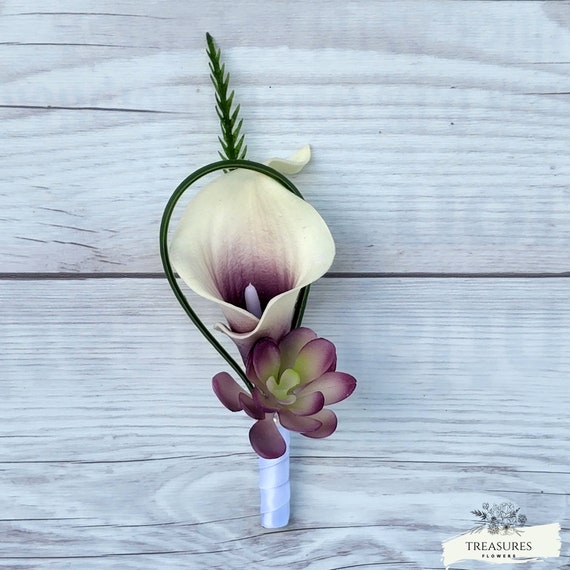 Calla Boutonniere, Succulent Boutonniere, Purple Boutonniere, Rustic Wedding, Wedding Boutonniere, Tropical Boutonniere, Silk Boutonniere.