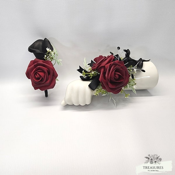 Red Roses Boutonniere, Black Calla Boutonniere, Prom Boutonniere Corsage set, Grooms Wedding Boutonniere, Wedding Flower, Artificial Flower.