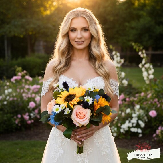 Sunflower Bouquet, Yellow Blue Peach Bouquet, Wildflower Bouquet, Artificial Flower Wedding Bouquet, Garden Bouquet, Rustic Wedding Bouquet.