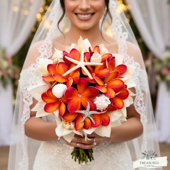 Coral Plumerias Bouquet, White Coral Bouquet, Seashells Bouquet, Artificial Flower, Beach Tropical Bouquet, Starfish Bouquet, Silk Bouquet.