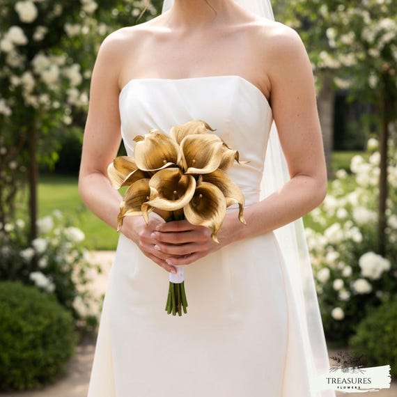 Gold Calla Lily Bouquet, Calla Bouquet, Lily Bouquet, Artificial Flower, Beach Tropical Bouquet, Gold Flowers, Silk Flower Bouquet.