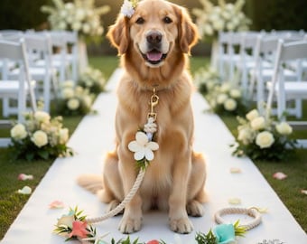 May include: A golden retriever sits on a white aisle runner, adorned with a flower crown and leash. The leash features a white flower and leads to a floral collar. A floral garland with coral, white, and teal accents lies at the dog's feet.