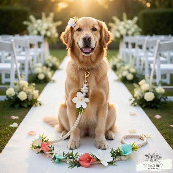 Wedding dog leash, gift for wedding couple, dog lovers' gift, wedding dog, rope leash with flowers for wedding, artificial flower, dog leash