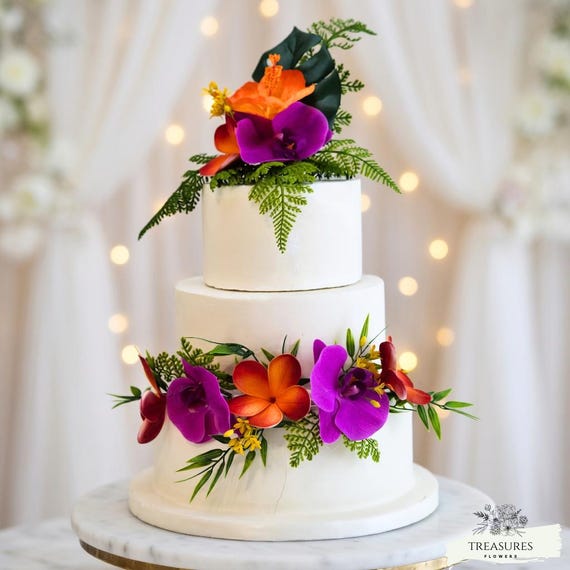 Tropical Wedding, Cake Topper set, Fuchsia Cake Flowers, Cake Decor, Tropical Cake decor, Artificial Flower, Hawaiian Wedding, Plumeria cake