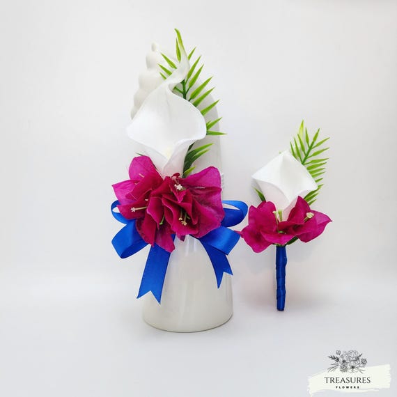 Calla Boutonniere, Bougainvillea Boutonniere, Corsage Boutonniere Set, White and Fuchsia Boutonniere, Wedding Boutonniere, Tropical Bout
