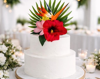 Tropical Wedding Cake Topper, Hibiscus Bird of Paradise Floral Cake Decoration, Minimalist Wedding Cake Flowers, Tropical Bridal Cake Decor