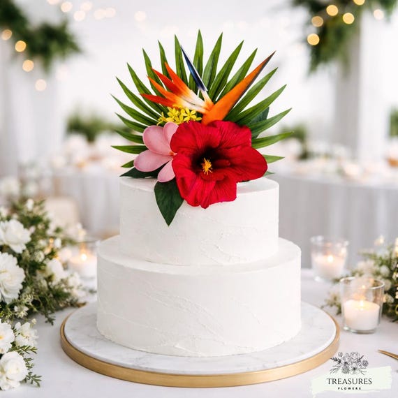 Tropical Wedding Cake Topper, Hibiscus Bird of Paradise Floral Cake Decoration, Minimalist Wedding Cake Flowers, Tropical Bridal Cake Decor