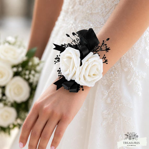 White rose corsage and boutonnière, black and white wedding flowers, elegant bridal accessories, prom corsage, wedding floral arrangements