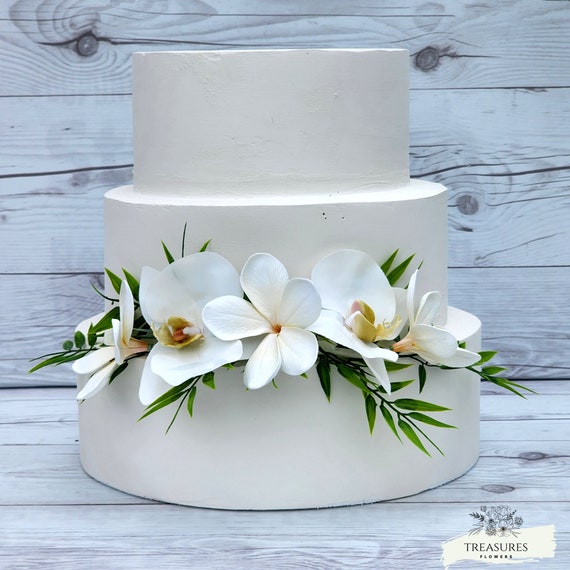 Wedding Cake Topper, White Cake Topper, Cake Flowers, Tropical Cake Decor, White Plumeria Cake, White Orchids Cake Decor, Artificial Flowers