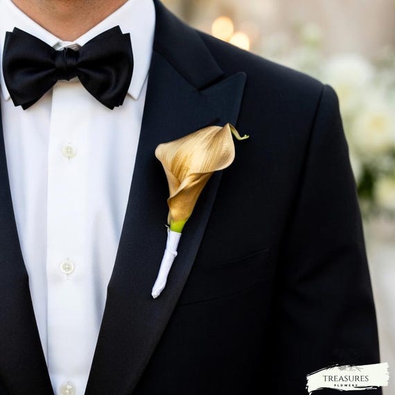 Calla Boutonniere, Gold Boutonniere, Lily Boutonniere, Rustic Wedding, Wedding Boutonniere, Tropical Boutonniere, Silk Boutonniere.