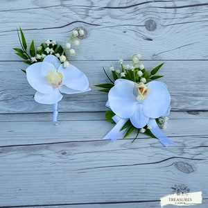 White Orchid, Boutonniere and Corsage Set, Prom Boutonniere, Grooms Wedding Boutonniere, Corsage, Wedding Flower, Artificial Flower.