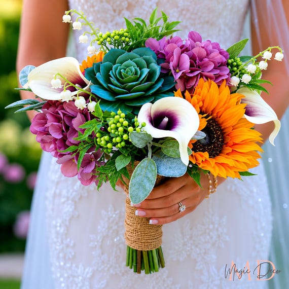 Sunflower Bouquet, Yellow Purple Bouquet, Wildflower Bouquet, Artificial Flower, Garden Bouquet, Rustic Wedding Bouquet, Succulent Bouquet.