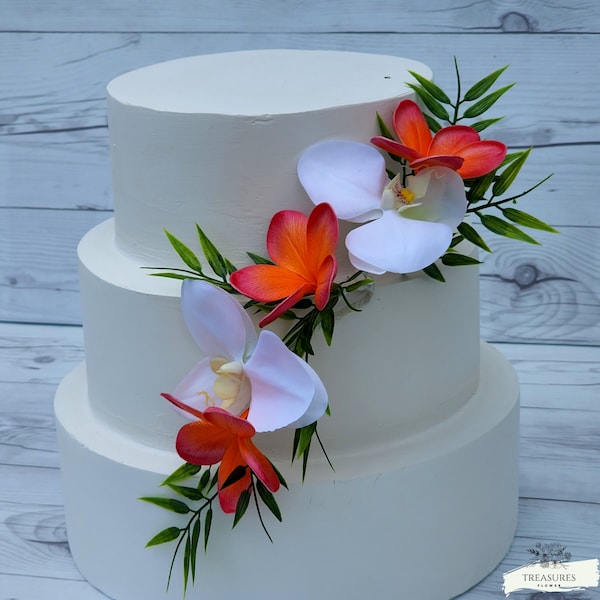 Wedding Cake Topper, Coral Cake Topper, Cake Flowers, Tropical Cake Decor, Plumeria Cake, Coral Cake, White Orchids Cake Decor, Orchids