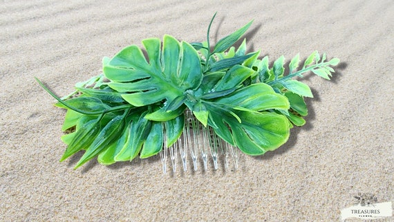 Green Hair Piece, tropical leaves Headpiece, Wedding Headpiece, Beach Headpiece, Silk Flowers, Wedding accessories, Hawaiian Hair Piece.