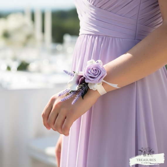 Purple & White Calla Lily Corsage and Boutonniere for Weddings, Lavender Rose Wrist Corsage, Prom Flowers, artificial flower, wedding flower