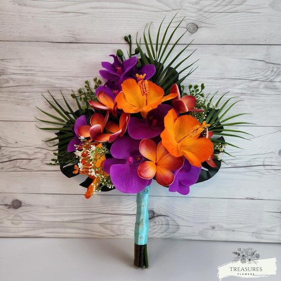 Orchid Bouquet, Tropical Bouquet, Beach Wedding Bouquet, Destination Wedding, Artificial Flower Bouq, Orange Hibiscus Bouquet, silk flower