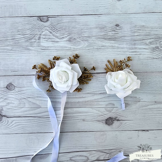 White Roses Boutonniere, Prom Boutonniere Corsage set, Grooms Wedding Boutonniere, Wedding Flower, Artificial Flower, White Gold Boutonniere