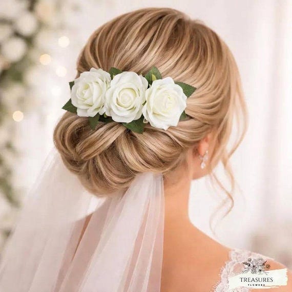 White rose hairpiece, hair accessory, wedding hairstyle flowers, bridal hairstyle flowers, boho-style floral headpiece, floral hair clip