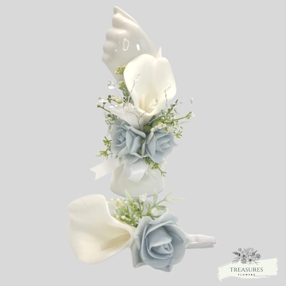 Sky Blue Roses Boutonniere, Calla Boutonniere, Prom Boutonniere Corsage set, Grooms Wedding Boutonniere, Wedding Flower, Artificial Flower.