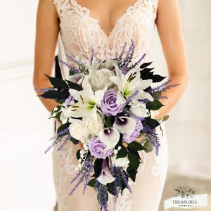 White, Purple Bouquet, Roses Bouquet, Artificial Flower, Wedding Cascade Bouquet, Flower Cascade Bouquet, Lily Roses Calla Lavender Bouquet.