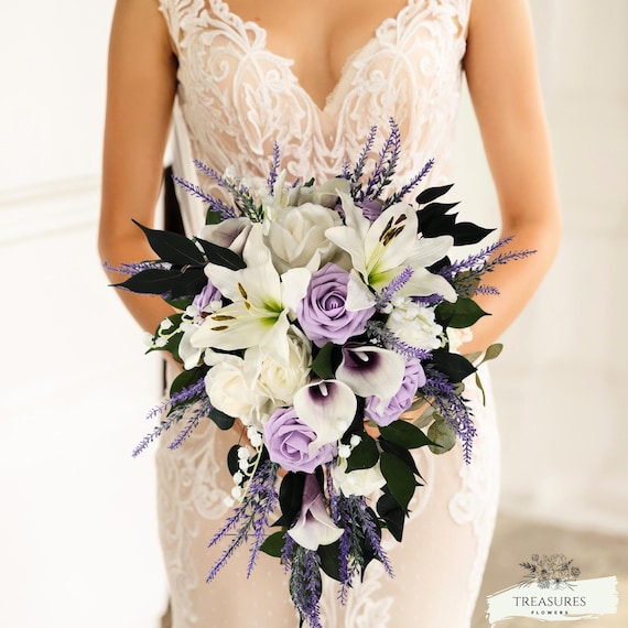 White, Purple Bouquet, Roses Bouquet, Artificial Flower, Wedding Cascade Bouquet, Flower Cascade Bouquet, Lily Roses Calla Lavender Bouquet.