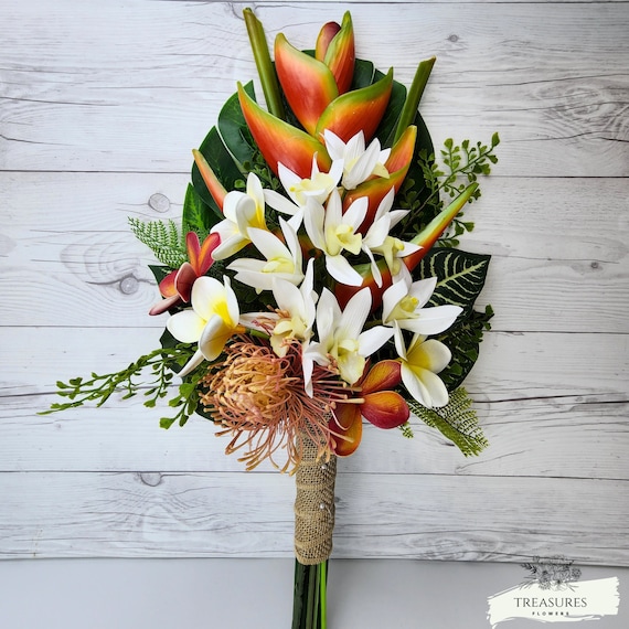 Orchid Bouquet, Tropical Bouquet, Beach Wedding Bouquet, Destination Wedding, Artificial Flower Bouquet, Orange Heliconia Bouquet, silk