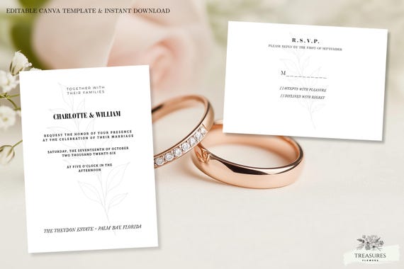Minimalist Wedding Invitation Template Canva, Elegant Modern Wedding Invite, Simple Greenery Marriage Invitation RSVP Set Digital Download