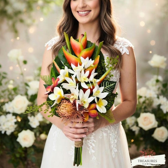 Orchid Bouquet, Tropical Bouquet, Beach Wedding Bouquet, Destination Wedding, Artificial Flower Bouquet, Orange Heliconia Bouquet, silk