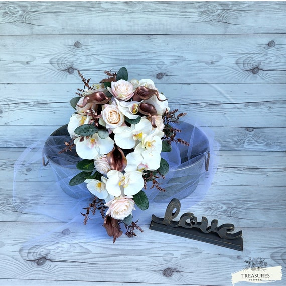 Rose Gold Bouquet, Orchid Bouquet, Classic Cascade Bouquet, Artificial Flower, Wedding Cascade Bouquet, Flower Cascade Bouquet, Blush White.