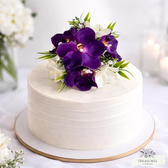 Purple Orchid Wedding Cake Topper, Realistic Floral Cake Decoration, Modern Bridal Cake Flowers, Elegant Wedding Cake Design, white plumeria