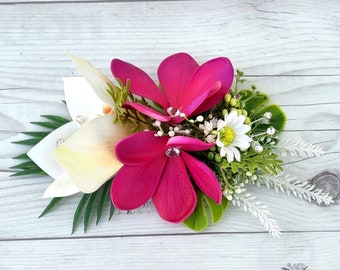 Plumeria Hair Piece, Wedding Headpiece, Beach Hair Flower, Silk Flowers, Accessories, White Cymbidium Headpiece, White and Fuchsia Headpiece